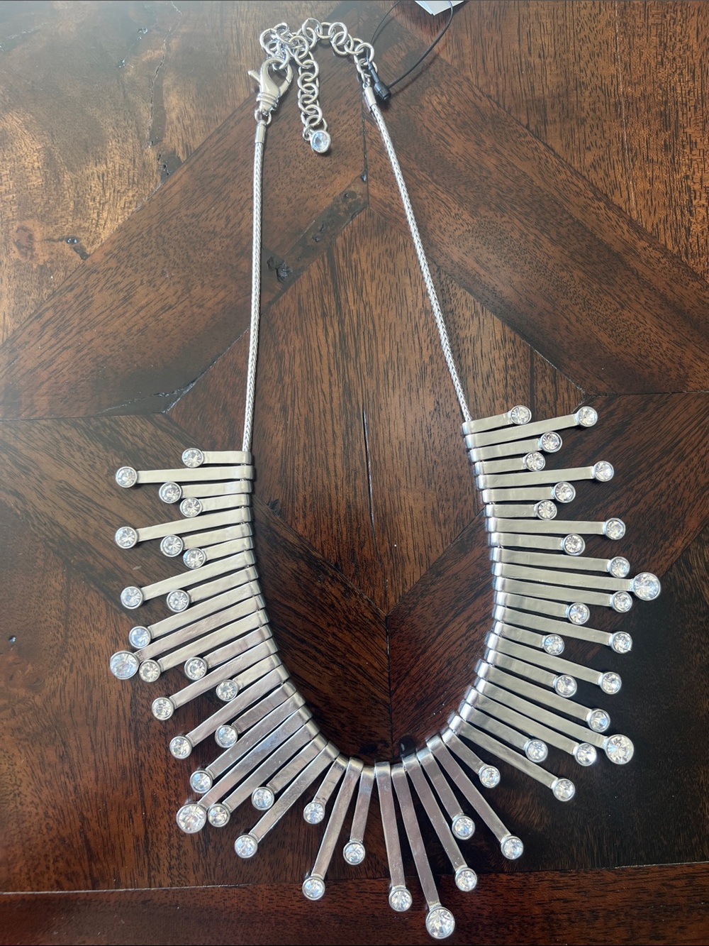Chico’s Silver Brushed Statement Sunburst Necklace with Clear Crystal Accents